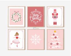 four christmas cards in pink, white and red with nutcrackers on them