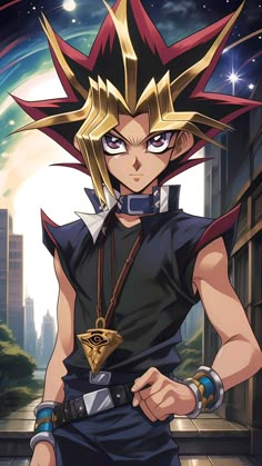 an anime character in black and gold with his hands on his hips, looking at the camera