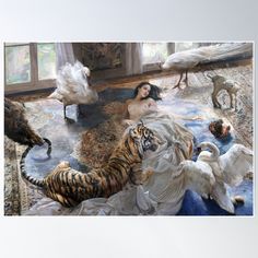 an image of a woman surrounded by tigers and other animals in a room with large windows