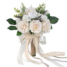 a bridal bouquet with white flowers and greenery tied around the stems, on a white background