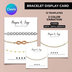 three bracelet display card templates with two different colors and sizes for each one item