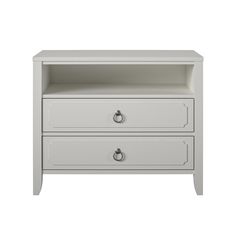 a white nightstand with two drawers on one side and an open drawer on the other