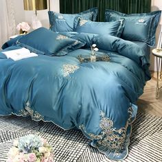 Versailles Luxury Embroidery Duvet 4/5 Pcs Set - Tranquility Bed Lace Bedding Set, Royal Bed, Egyptian Cotton Duvet Cover, Blue Bedding Sets, Lace Bedding, Embroidered Bedding, Silk Bedding Set, Queen And King, Egyptian Cotton Bedding