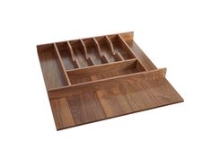 a wooden drawer with compartments for knives and spoons in it on a white background