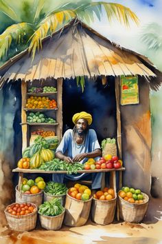 a painting of a man selling fruits and vegetables