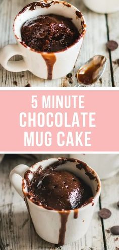 chocolate mug cake with the words 5 minute chocolate mug cake in front of it and on top