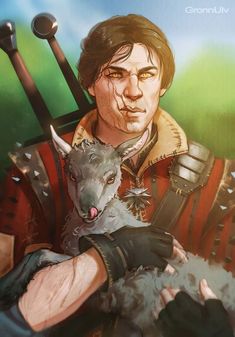 a painting of a man holding a wolf