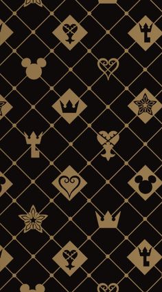 a black and white pattern with many different symbols on it's sides, including hearts