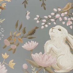 a painting of a white rabbit sitting on top of a flowery branch with pink flowers