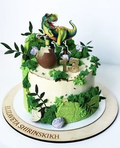 a birthday cake decorated with an image of a dinosaur