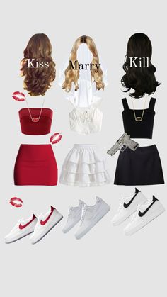 four different types of clothes and shoes with the words kiss mary written on them in white letters