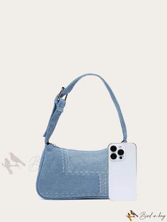 Bird in Bag - Denim Patchwork Single Shoulder Bag Baguette Bag, Denim Patchwork, Bird In Bag, Bag Bag, Polyester Material, Top Handle, Color Blue, Blue And White, Swimming