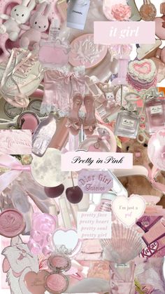 a collage of pink and white items with the words pretty in pink on them