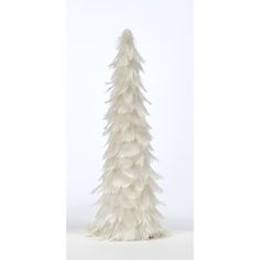 a white christmas tree with feathers on it's top and bottom part, in front of a white background