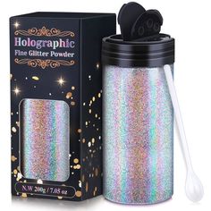 thermos cup with lid and spoon is in front of a box that says holographic fine glitter powder