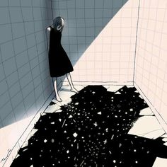 a woman standing in the corner of a room with black and white tiles on the floor