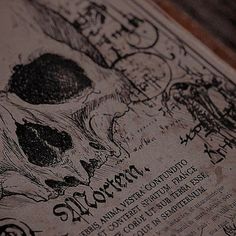 a close up of a paper with a skull on it's back side and some writing on the front