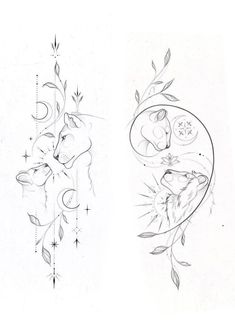 two drawings of wolfs and moon on white paper