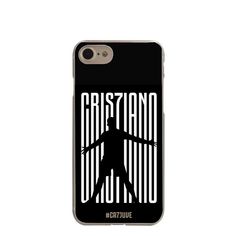 a black and white iphone case with an image of a soccer player on the back