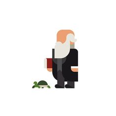 a man with a beard is standing next to a turtle and looking at the ground