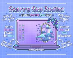 a laptop with the words starr sky zodiac on it's screen and an image of clouds