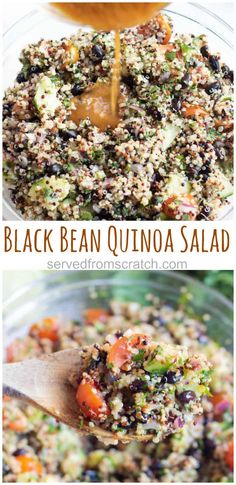 black bean quinoa salad in a glass bowl with a wooden spoon