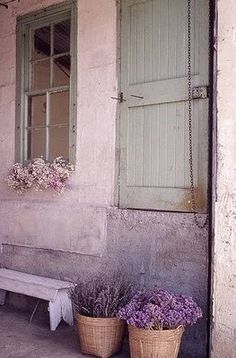 two potted plants sitting next to a white bench on the side of a building