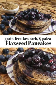 two plates with pancakes covered in blueberries and topped with grani free, low carb & paleo flaxed pancakes