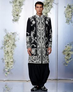 Black & White Sherwani Set | Seema Gujral | Panache by Sharmeen Tuscan Summer, Black Sherwani, White Sherwani, Dori Embroidery, Seema Gujral, Bollywood Theme, Sherwani For Men, Kurta Men, Indian Men