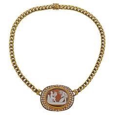 18k yellow gold pendant on curb link necklace. Set with diamonds approx. 1.50ctw, and shell cameo - 28mm x 19mm. Measures - 15.75" long x pendant 45mm x 33mm. Marked 18k 750. Weight 78.6 grams. Vintage Cameo, Cameo Necklace, Yellow Gold Pendants, Link Necklace, Gold Pendant, Custom Jewelry, Necklace Set, Modern Furniture, Gold Diamond