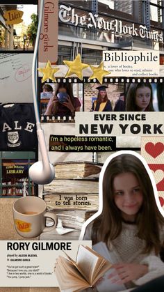 a collage of photos with the words new york on it and images of people reading books