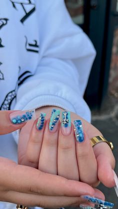 Grunge teal blue nails chrome nails cross charm nails blooming gel nails long nails sqaure nails Different Design On Each Nail, Art Nails Design, Gel Nails Long, Blooming Gel, Simple Nail Art, Teal Nails, Edgy Nails, Simple Acrylic Nails