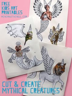 three paper cut outs with pictures of animals and birds on them