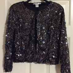 Never Worn New Without Tags All Sales Are Final Sequin Winter Cardigan For Night Out, Silver Sequined Outerwear For Fall, Metallic Evening Outerwear For Fall, Winter Silver Sequined Outerwear, Silver Sequined Winter Outerwear, Silver Sequined Outerwear For Winter, Silver Outerwear For Fall Party, Silver Long Sleeve Outerwear For Night Out, Silver Outerwear For Formal Fall Occasions