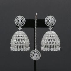 Big Jhumka Jhumki earring maang tikka set studded with american diamond crystals and embellished with precious color stones Diamond Jhumki Earrings, Diamond Jumkas, Bridal Maang Tikka, Diamond Jhumkas, Maang Tikka Set, Indian Jhumka, Celebrities Earrings, Jhumki Earrings, Maang Tikka