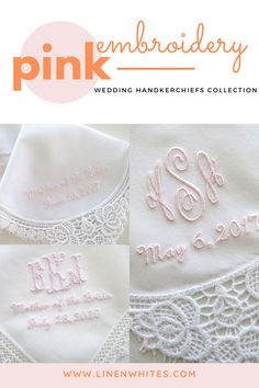 Gift these lovely wedding handkerchiefs to the special people in your life on your wedding to wipe away their tears of joy! Embroidery Wedding, Mom Wedding Gift, Pink Embroidery, Best Wedding Gifts