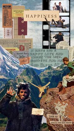 a collage of people and mountains with the words happiness written on them