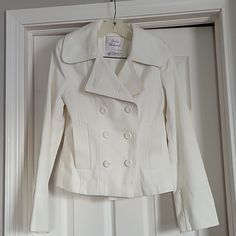 Nwot Urban Behavior Jacket. Size Medium. Color Is A White/Light Cream. Some Stains (See Last 2 Pics). Not Sure Where The Stains Came From As This Has Never Been Used. Winter White Pea Coat For Spring Workwear, Winter White Double-breasted Spring Outerwear, White Casual Pea Coat For Spring, Chic White Pea Coat For Workwear, White Pea Coat For Workwear In Fall, White Pea Coat For Fall Workwear, White Fall Pea Coat For Workwear, White Fitted Pea Coat For Work, White Double-breasted Spring Outerwear