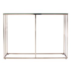 a glass and metal shelf with two bars on each side, against a white background