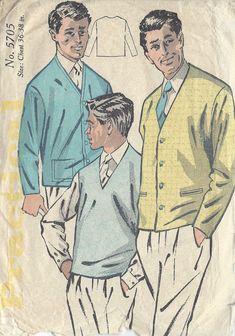 ~ Circa/Date: 1950s ~ Details:    MENS PULLOVER CARDIGAN   ~ Size/Measurements (Inches):    ~ Size: 36-38   ~ CHEST: 36″-38″   ~ Sleeve: Not Given ~ Please Note: ~ You are buying a 'Professional Reproduced' copy of this sewing pattern. Copied from the original sewing pattern. Produced in Full Scale Pattern Pieces ready to cut with full instructions included. Reproduced on high quality 50 gm paper with black ink, durable and easier for reuse. Printed by a Professional Printing Company.   ~ With this product comes an accompanying 'Booklet' and inside the Booklet it includes: ~ A 2-page Instructions and Illustrations on 'How to Adjust Your pattern to your Personal Measurement.' ~ Personal Measurement Chart ~ Body Form Illustrations ~ Fitting Checklist ~ Metric Equivalency Chart ~ Note Pages ~ 1940s Mens Fall Sewing Patterns, Vintage Sewing Patterns Mens, Vintage Sewing Patterns Free Men, 1950s Men, 1950s Mens Fashion, 1950s Mens, Sew In Weave, Mens Fashion Illustration, Mens Pullover