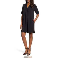 Bobeau Pleat Front Curved Hem Shirtdress In Black Xs Stored In Pet-Free, Smoke-Free Area Casual V-neck Midi Dress For Semi-formal Occasion, Black Short Sleeve Midi Dress For Semi-formal, Black Short Sleeve Midi Dress For Semi-formal Occasions, Chic Short Sleeve Viscose Shirt Dress, Black V-neck Shirt Dress For Formal Occasions, Short Sleeve Rayon Dress For Work, Rayon Short Sleeve Dress For Work, Elegant Collared Rayon Dress, Elegant Rayon Mini Dress For Daywear