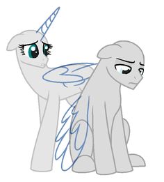 two little ponys with blue eyes and one has an angel wings on its head