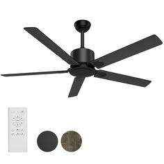 a black ceiling fan with remote control next to it's blades and other accessories