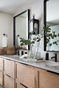 a bathroom with two sinks, mirrors and plants in vases on the counter top