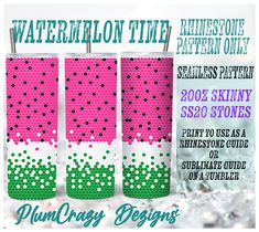 three pink, green and white polka dot tumblers with the words watermelon time on them