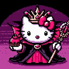 the hello kitty is dressed up as a princess with a wand and wearing a tiara