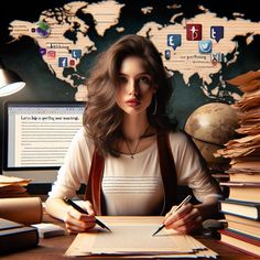 a woman sitting at a desk in front of a computer with many books on it