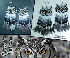 an owl with yellow eyes is shown in three different pictures, and has two pairs of earrings made out of seed beads