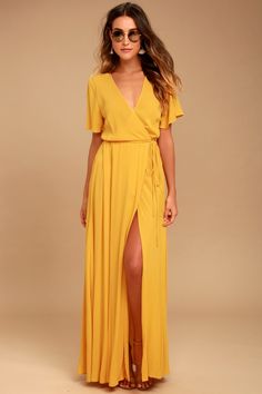 Lovely Golden Yellow Dress - Wrap Dress - Maxi Dress - Lulus Afrikaanse Mode, Yellow Maxi, Wrap Maxi Skirt, Wrap Maxi Dress, Maxi Robes, Maxi Wrap Dress, Mode Inspiration, Golden Yellow, Large Size Dresses