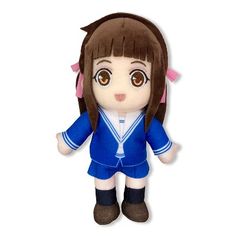 a stuffed animal doll with brown hair and blue clothes on it's head, sitting in front of a white background